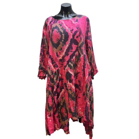 Made In Italy Linen Bohemian Midi Dress Pink Purple Brown L - Picture 1 of 6
